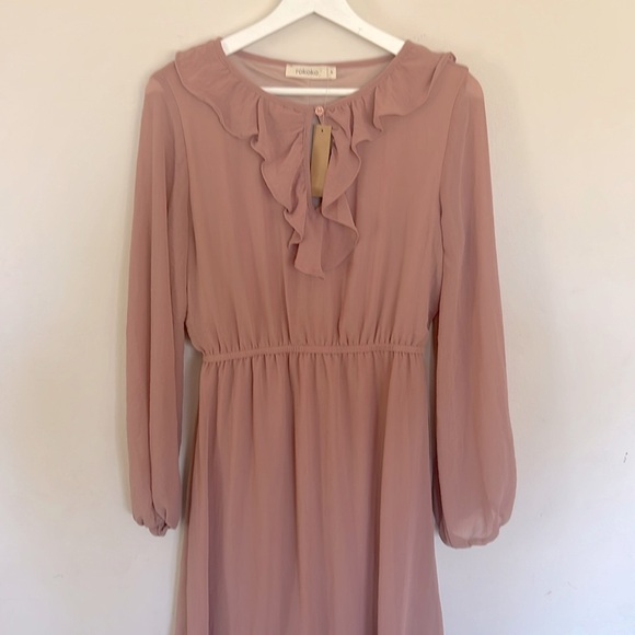 Rokoko dusty rose color Tiered Sundress with Bishop Sleeves and Collar - Picture 1 of 8